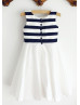 Ivory Navy Blue Stripes Taffeta Flower Girl Dress